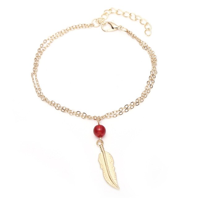 Kristall-Perlen Fußkette mit Feder-Anhänger – Elegante Anklet
