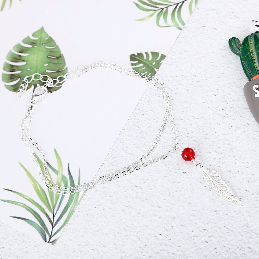 Kristall-Perlen Fußkette mit Feder-Anhänger – Elegante Anklet