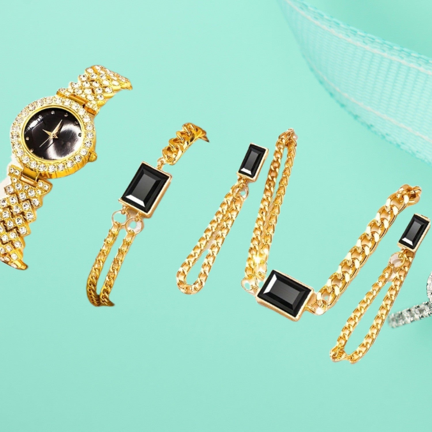 Elegantes Kristall Schmuckset mit Quarzuhr und Farbsteinen